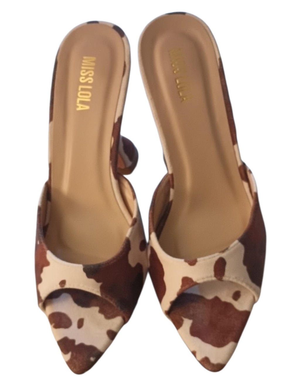 Miss Lola Brown and Cream Cow-Print Pointed Toe Mules